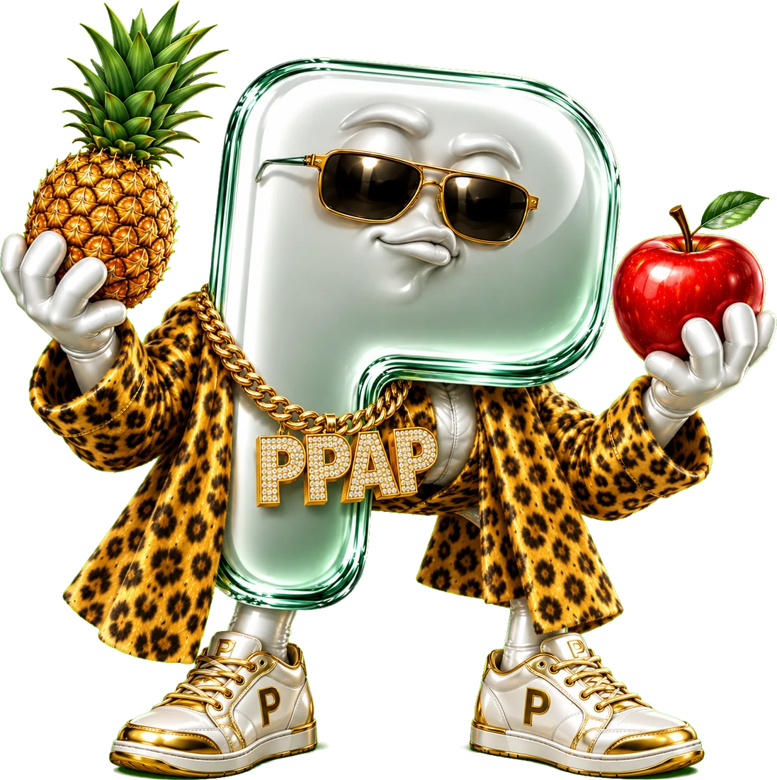 the first Pons, standing in a leopard coat with a pineapple in one hand and an apple in the other, holding no pen at all